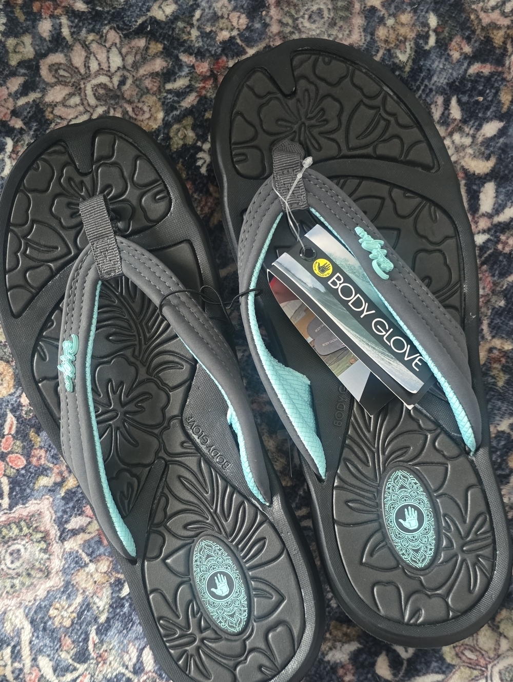 Body Glove Women's Black and Aqua Floral Comfort Sandals
